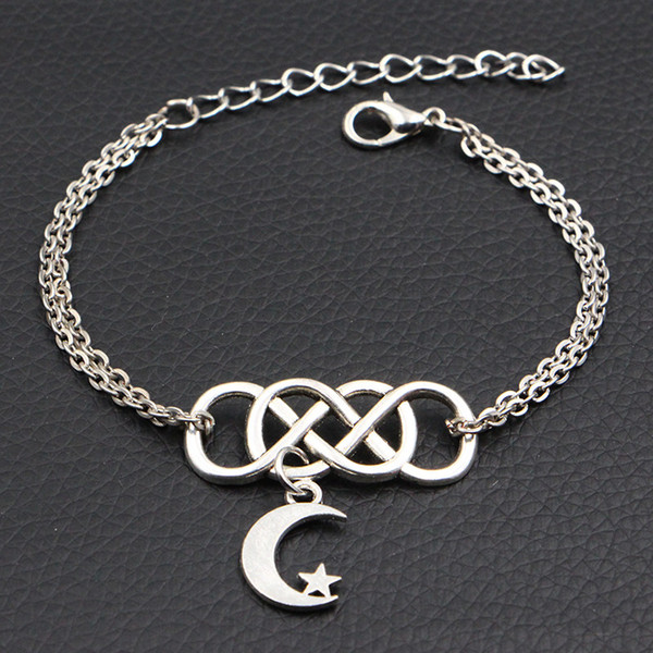 Dropshipping Double Infinity Love Moon With Star Pendant Charm Bracelets Bangle Silver Color Link Chain Fine Authentic Jewelry For Women Men