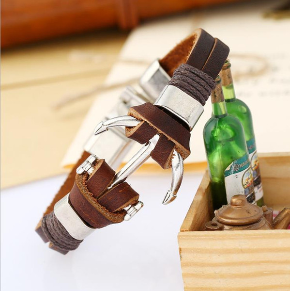 Handmade Brown Cowhide Genuine Leather Rope Wrap Bangles Navy Style Fashion Anchor Button Charm Bracelets For Women Men Wedding Jewelry Gift