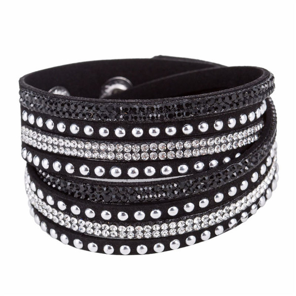 Button Jewelry Rhinestone Sparkling Crystal Deluxe Black Leather Suede DIY Bracelet for Women Men Bijoux Cuff Bangles Banquet Accessory Gift