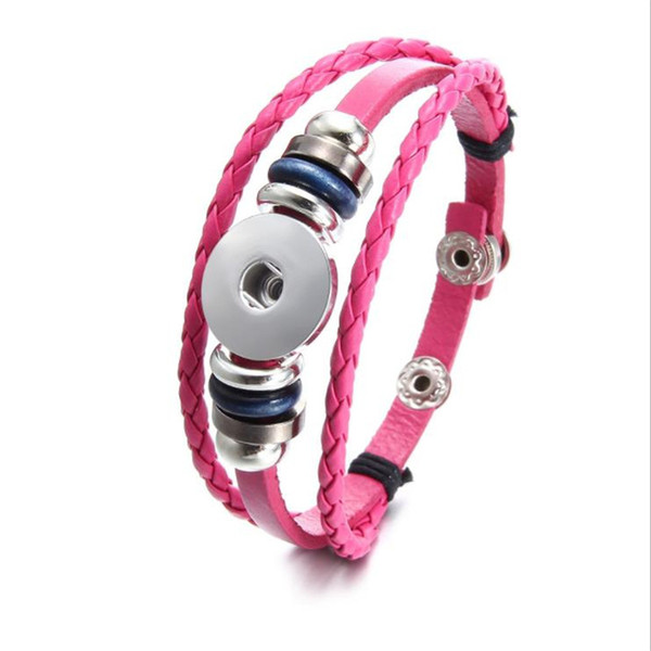 Hot Sale Fashion European Rose Red Cowhide Genuine Leather Rope Bracelet Silver Metal Button Beaded Fit DIY Brand Jewelry For Women Men Gift