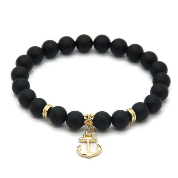 Wholesale 10ps/lot 8mm A Grade Black Matte Agate Stone Gold Anchor Charm Bracelets Party Gift