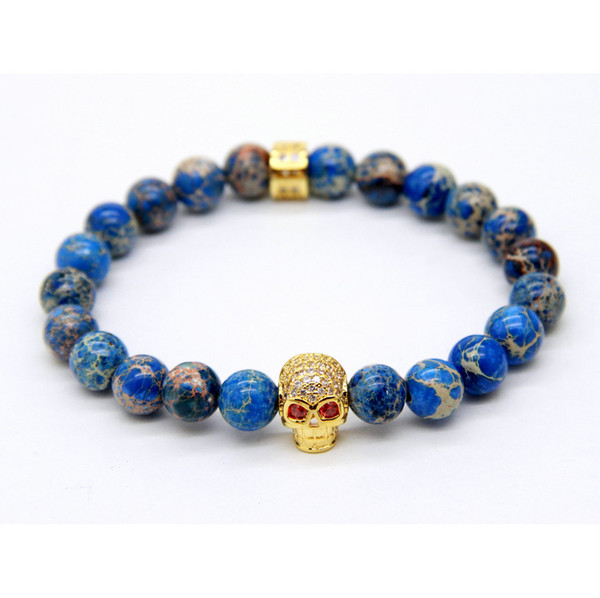 Hot Sale 1PCS Retail Mens Jewelry 8mm Natural Stone Beads with Micro Inlay Zircon Skull Bracelets