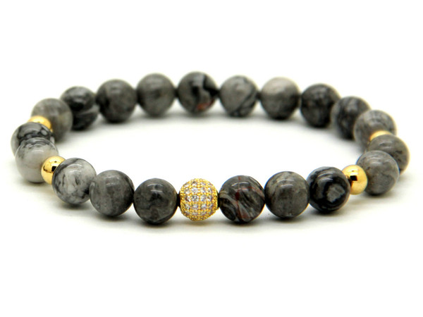 1PCS High Grade Jewelry 8mm Grey Picture Jasper Stone Beads Micro Pave Black and Gold CZ Beads Bracelets Mens gift