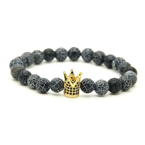 Wholesale 10pcs/lot High Grade Jewelry 8mm Shiny Weathering Stone Beads with Micro Inlay Black CZ Beads Crown Mens Bracelets