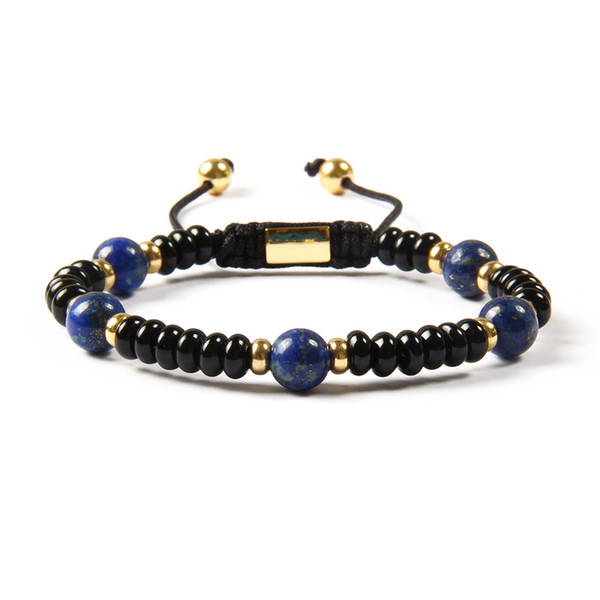 Wholesale Fashion Jewelry New Arrival 4x6mm Natural Flat Black Onyx Stone with 8mm Lapis Stone Macrame Bracelet For Gift