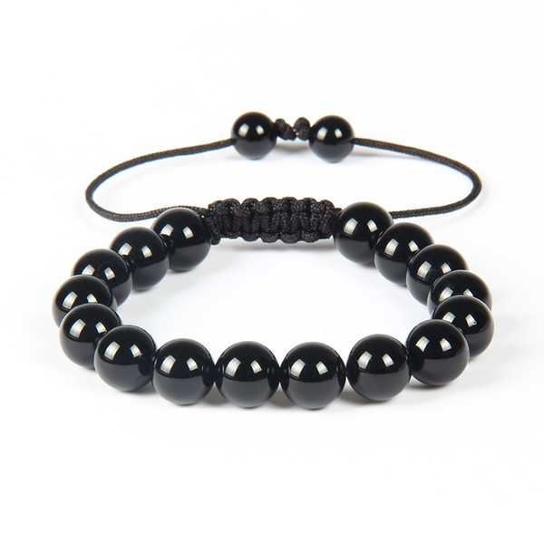 New Wholesale 10pcs/lot Fashion Mens Woven Bracelet High Quality 10mm Natural Black Round Onyx Stone Bead Jewelry