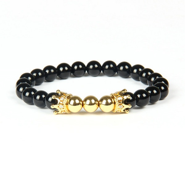 Hot Sale Jewelry Wholesale 8mm Top Quality Black Onyx Stone beads with Double Clear Cz Crown Men Bracelet