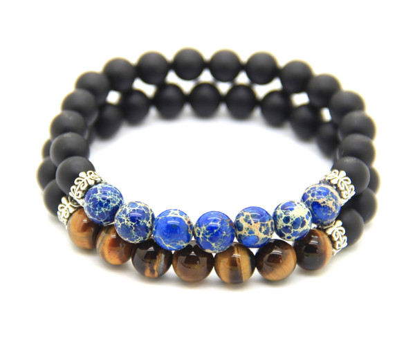 New Men and Women's Bracelet, 8mm High-grade Matte Agate with Classic Blue Sea Sediment Stone and Tiger Eye Stone Beads