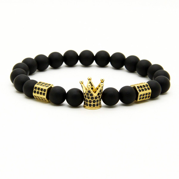 Powerful New Men's Jewelry Wholesale Four Color Black Cz Imperial Crown & Stoppers With 8mm A Grade Matte Agate Stone Beads Bracelets