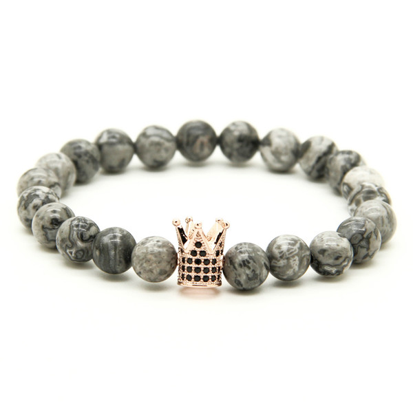 1PCS High Grade Jewelry Micro Inlay Black CZ Beads Crown Bracelets With 8mm Grey Picture Shiny Weathering Stone