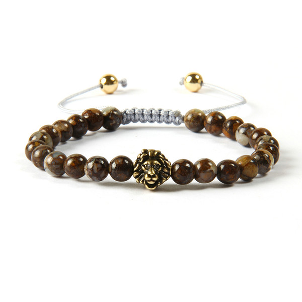 Top Quality Jewelry Wholesale 10pcs/lot 6mm Natural Brown Stone Beads With Antique Gold And Silver Plated Lion Head Macrame Bracelets