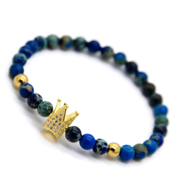 1PCS High Grade Jewelry Micro Inlay Crown CZ Bracelets With 6mm Sea Sediment Stone & Matte Agate Stone