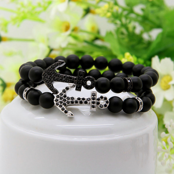 Powerful Men's Jewelry 8mm Matte Agate & Stoppers Beads With Four Colors Big Anchor Black Cz Bracelets