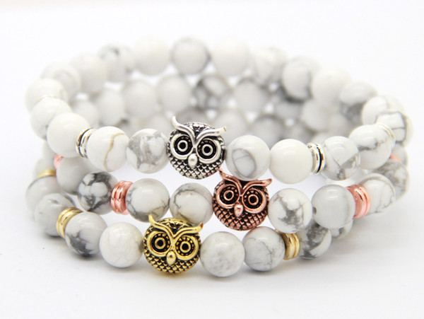 2016 New Design Top Quality 8mm Natural White Howlite Stone Beads Antique Gold, Rose Gold, Silver Owl Bracelets, Exquiste Gifts