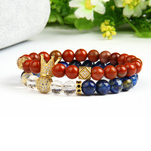 2pcs/set New Luxury Beaded Crown Bracelet Men And Women CZ Ball Wolf Baseball And Love Bracelets & Bangles Accessories Gift