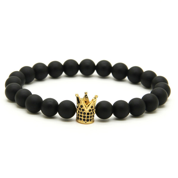 Wholesale 10pcs/lot High Grade Jewelry Micro Inlay Black CZ Beads Crown Mens Bracelets with 8mm Matte Agate Stone