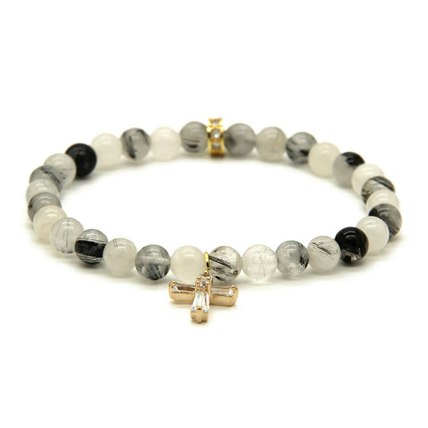 Wholesale Summer Womens Jewelry 6mm Black Rutilated Quartz Stone beads with Clear Zircons Loyal Cross Cz Bracelets