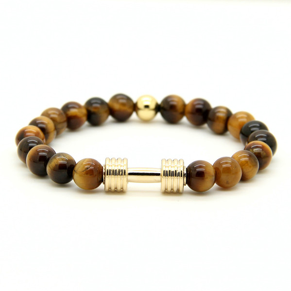 Hot 1PCS Real Gold & Silver Plated Metal New Barbell & 8mm Grey Picture Jasper A Grade Tiger Stone Beads Fitness Fashion Dumbbell Bracelets