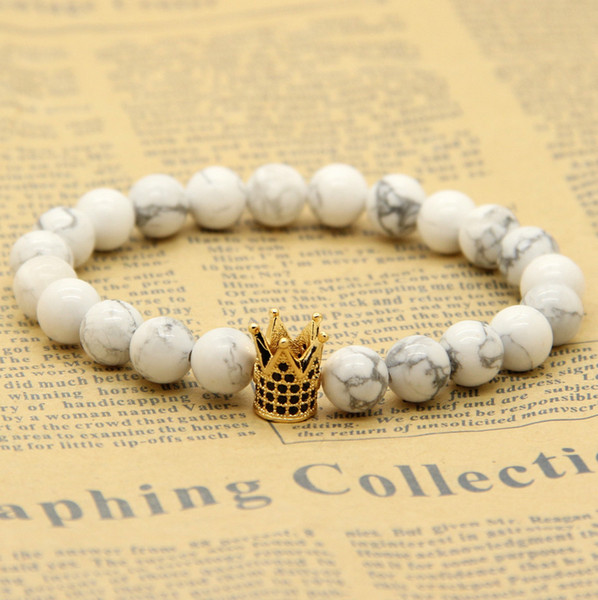 Wholesale 10pcs/lot White Howlite Marble Stone Beads Micro Inlay Black CZ Beads Crown Mens Bracelets