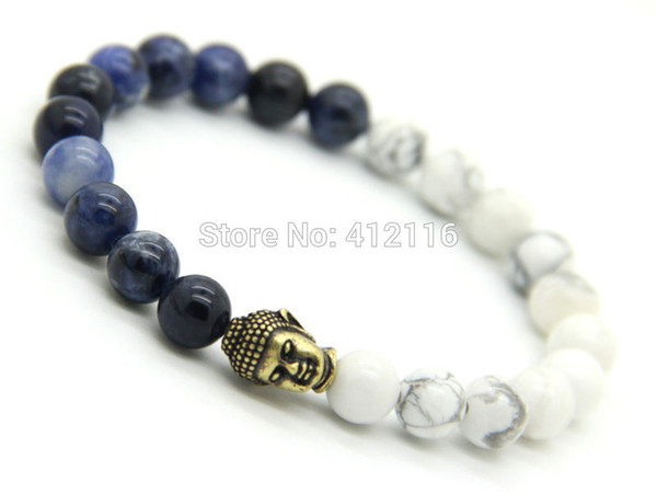 2015 New Design Top Quality Mens Beaded Bracelets Wholesale Natural White Howlite and Blue Veins Stone Bronze Buddha Bracelet