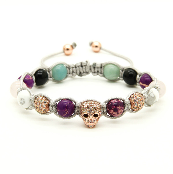 Wholesale 10pcs/lot 8mm Purple Sea Sediment Stone Clear Cz Heart Skull European American Macrame Bracelets Girls Women Gift
