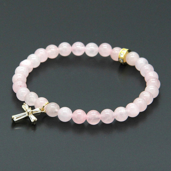 Easter Wholesale 10pcs/lot 6mm Natural Pink Quatz Crystal Stone Beads with Micro Paved Clear Zircons Spacer Cz Beads Cross Bracelets