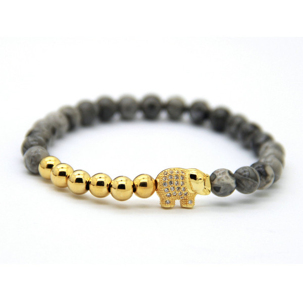 Hot Sale 1PCS Retail Jewelry 6mm Natural Stone Gold Silver Plated Copper Beads with Micro Inlay Zircon Elephant Lucky Bracelets