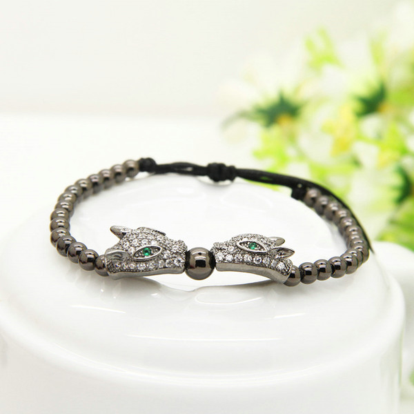 4mm Gold Silver Rose Black Plated Copper Beads With Micro Paved Black & Clear CZ Macrame Leopard Bracelets Men Jewelry Sale