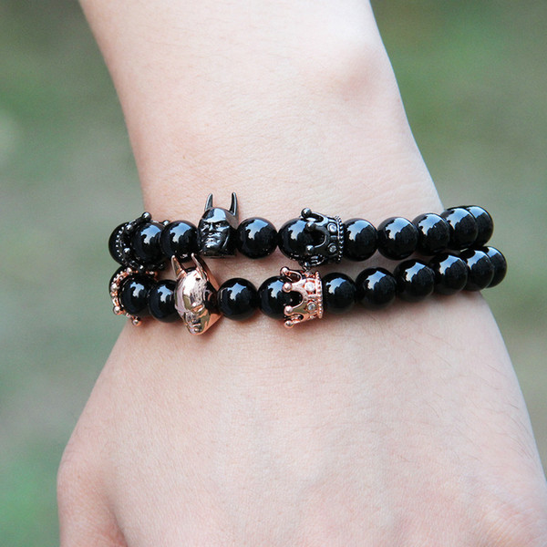 Fashion Roman Knight Crown Bracelet 8mm A Grade Black Onyx Stone Beads Fine Men Women Charms Jewelry