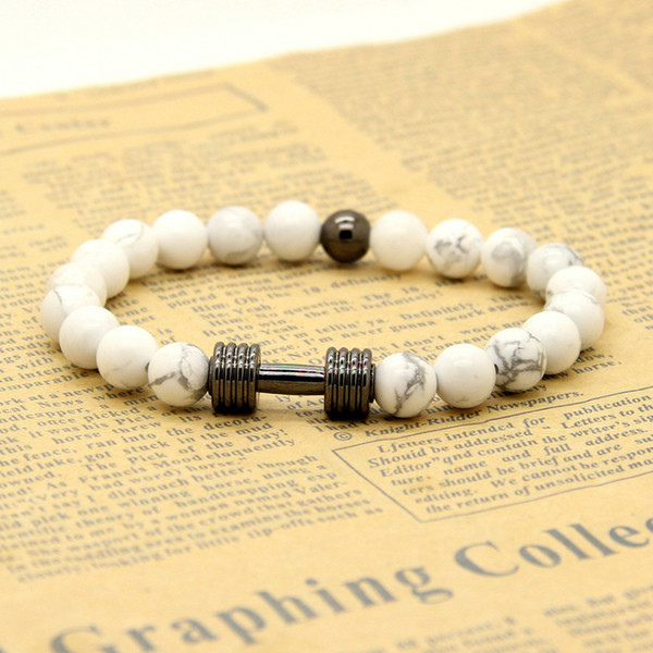 Wholesale Real Gold&Platinum Plated Metal New Barbell & 8mm White Howlite Marble Stone Fitness Fashion Dumbbell Bracelets