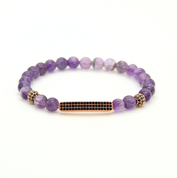 1PCS Fashion Men & Women Jewelry 6mm Natural Amethyst Stone Micro Inlay Black Cz Tube Beaded Bracelets