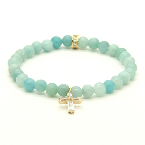 Wholesale 10pcs/lot New Womens Jewelry 6mm Natural Stone Beads with Micro Clear Zircons Cross Cz Beads Bracelets