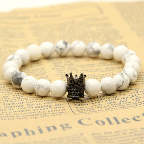 1PCS High Grade Jewelry Micro Inlay Black CZ Beads Crown Bracelets With 8mm Matte Agate White Howlite Stone