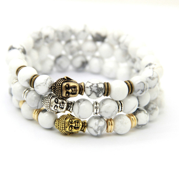 Wholesale New Design Mens Jewelry 8mm Natural White Howlite Stone Beads Antique Bronze and Gold Color Buddha Yoga Bracelets