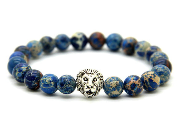 Wholesale 8mm Blue Sea Sediment Stone Beads Antique Silver Lion Head Bracelet, 2015 New Design High Grade Mens Jewelry