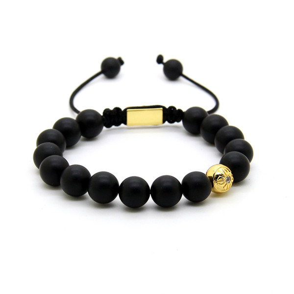 Wholesale Men's Gold And Rose Gold Plated Clear Cz With 10mm Black Matte Agate Stone Beads Braiding Bracelet