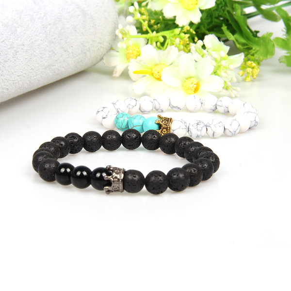 Designer Jewelry Couple Bracelets Wholesale 10 Sets 8mm Lave Stone Glass Beads And Man-made Beads Crown Bracelet For Love