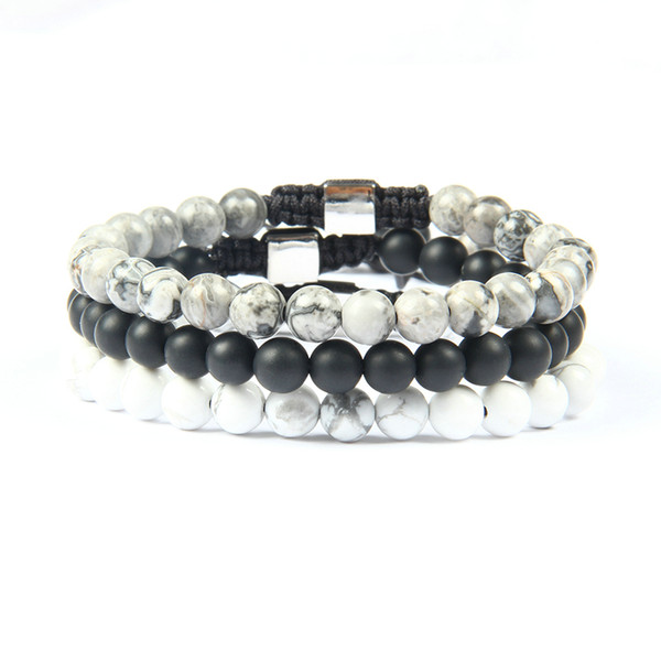 2018 Wholesale Jewelry 10pcs/lot 6mm Natural Black Matte Agate, White Howlite Marble & Grey Jasper Stone Beads Macrame Bracelets