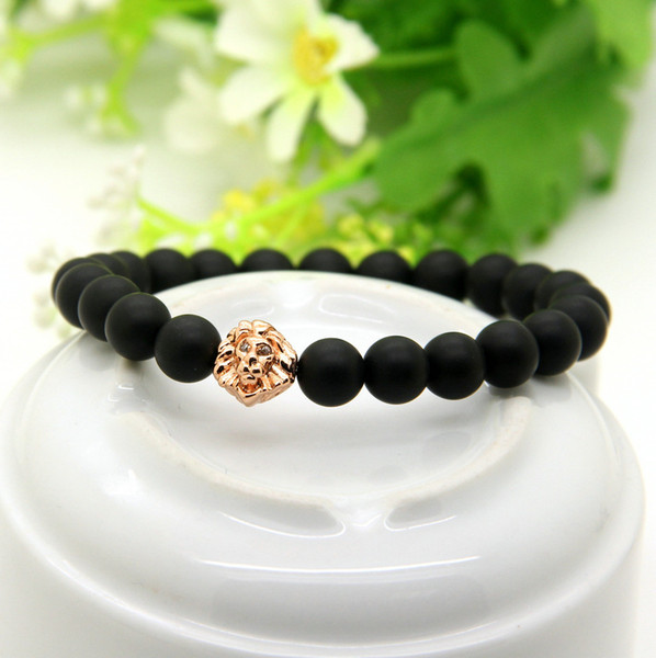 10pcs/lot 8mm A Grade Black Matte Agate Stone Fashion Lion Head Cz Beads Bracelet Fine Men Women Charms Jewelry