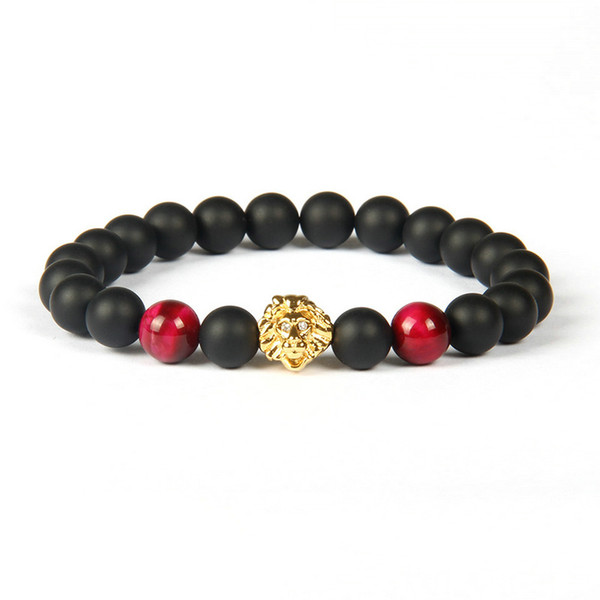 Wholesale 10pcs/lot 8mm A Grade Black Matte Agate And Pink Tiger Eye Stone with Lion Head Fashion Mens Bracelet