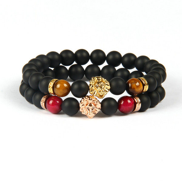 Wholesale 10pcs/lot 8mm A Grade Black Matte Agate Stone with Gold and Rose Gold Lion Head Couples Lovers Bracelet