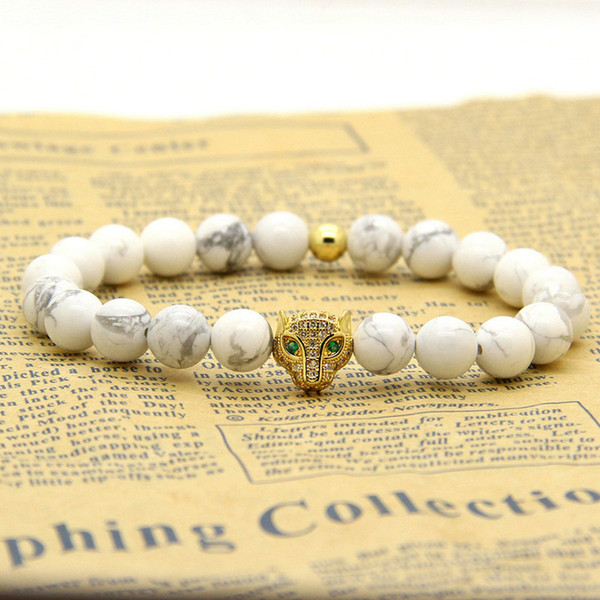 Wholesale Four Colors Micro Paved Leopard Head With White Howlite Marble Beads Charm Bracelets 10pcs/lot Best Men's Jewelry