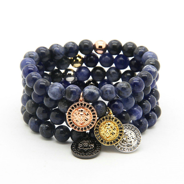 Wholesale 10pcs/lot 8MM Natural Blue Veins Stone with Copper Beads Micro Pave Black CZ Lion Head Charm Bracelets Mens Jewelry