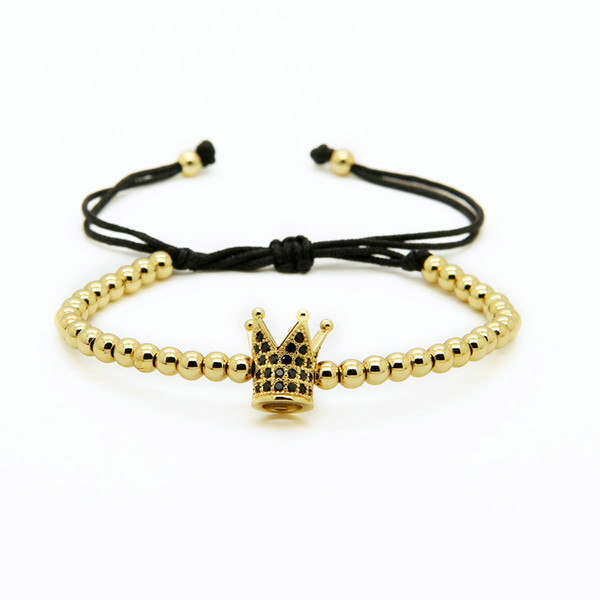 Top Quality 4mm Copper Beads With Black Clear Cz Crown Charm Men Macrame Bracelet Party Gifts