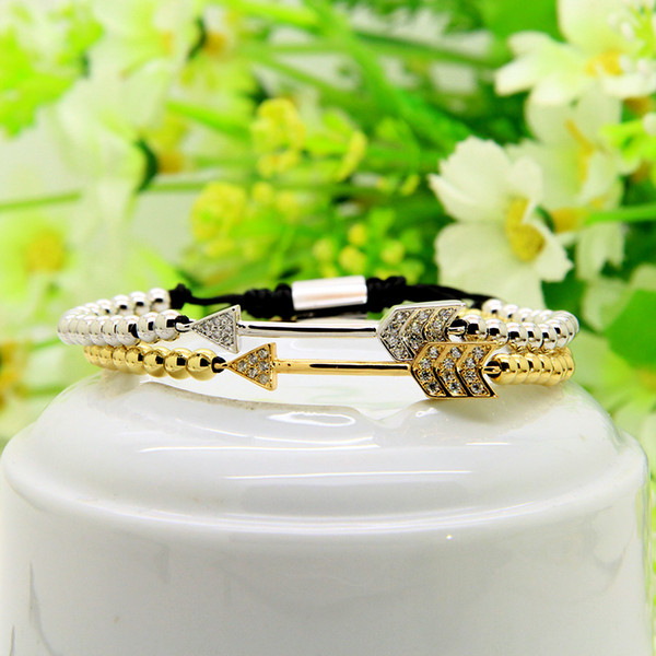 Top Quality Valentine Jewelry 4mm Gold and White-Gold Plated Copper Beads Micro Pave CZ Love Arrow Macrame Bracelets