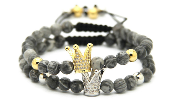 Wholesale 10pcs New Design Jewelry 6mm Grey Jasper Sediment Stone Gold and Platinum Crown Braided CZ Beads Bracelets Gift