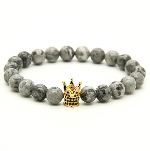 Wholesale 10pcs/lot High Grade Jewelry 8mm Grey Picture Jasper Stone with Micro Inlay Black CZ Beads Crown Mens Bracelets