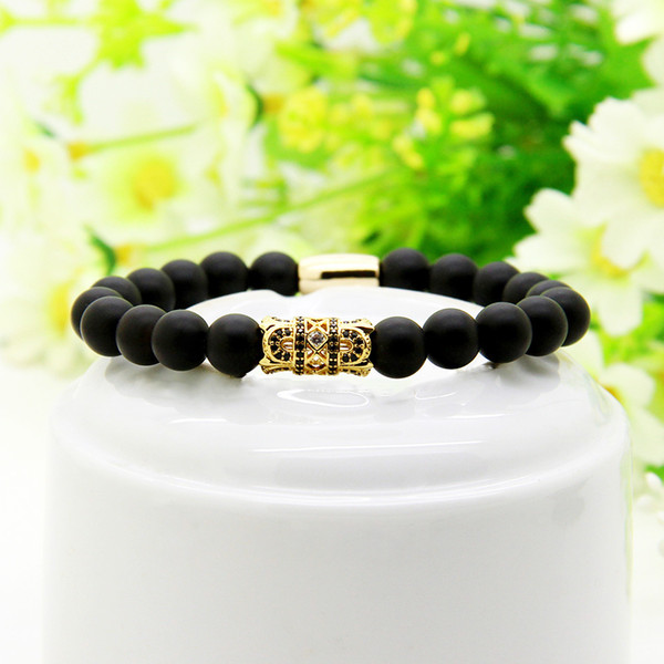 Powerful Jewelry 1pcs 8mm Black Matte Agate Stone Beaded With Exquisite Micro Inlay Zircon Charm Bracelet