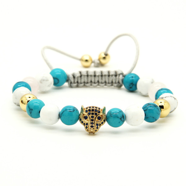 Wholesale 10pcs/lot 8mm Turquoise & Howlite Stone Blue Cz Leopard Head Braided European American Style Weaved Womens Bracelets