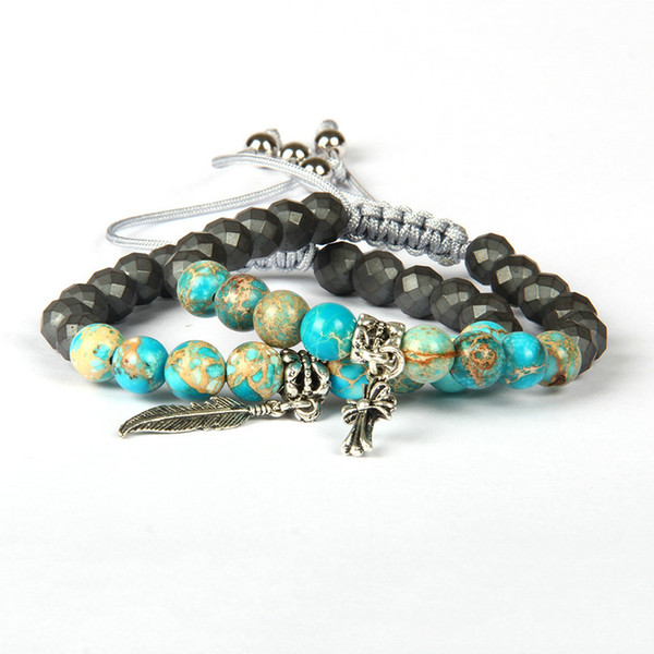 Shambhala Bracelet Wholesale 10pcs/ot 8mm Faceted Hematite and Blue Sediment Stone Leaf and Cross Charm Bracelet